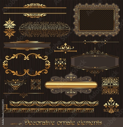 Vector: Vector set of golden ornate page decor elements on wooden wall Vector set of golden ornate page decor elements on wooden wall