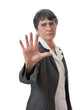 mature lady doing stop gesture with hand isolated