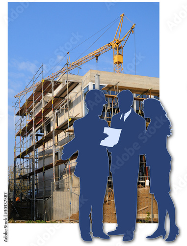 Illustration: arcitect and client talking at construction side arcitect and client talking at construction side