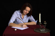 portrait of beautiful brown-haired girl writing work portrait of beautiful brown-haired girl writing work