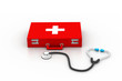 First Aid kit with stethoscope in white background First Aid kit with stethoscope in white background