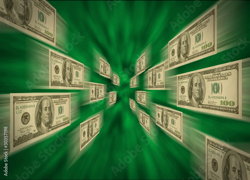 Illustration: $100 bills flying through a green vortex $100 bills flying through a green vortex