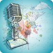 Microphone sketch, music sheets & flying doves on the color pain Microphone sketch, music sheets & flying doves on the color pain