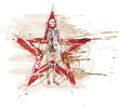 Skeleton sketch & red grunge star, floral calligraphy ornament,