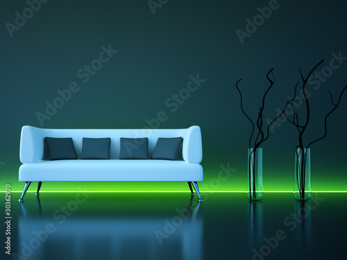 Illustration: 3d Sofa Rendering dunkelgrau mit grünem Neonlicht 3d Sofa Rendering dunkelgrau mit grünem Neonlicht
