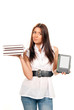 Woman compare books and kindle reader