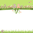 Easter greeting card with eggs, rabbits and grass