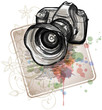 Color sketch of a digital photo camera  & floral calligraphy orn