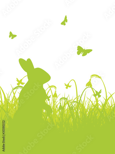 Vektor: Osterhase - Frühlingswiese mit Schmetterlingen - Silhouette Osterhase - Frühlingswiese mit Schmetterlingen - Silhouette