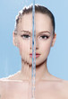 Stream water falling before face of beautiful girl