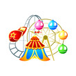 Circus, ferris wheel and rollercoaster at amusement park