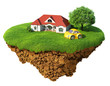 Life of a dream. Lawn with house, tree and sports car.
