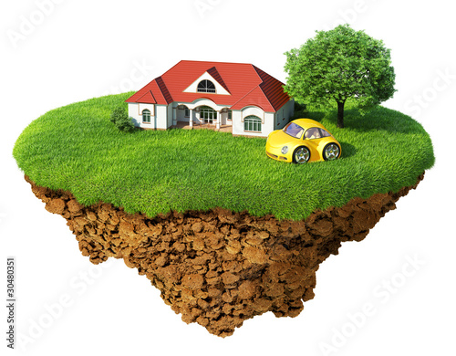 Illustration: Life of a dream. Lawn with house, tree and sports car. Life of a dream. Lawn with house, tree and sports car.