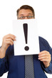 male nerdy geek is holding text board with exclamation mark male nerdy geek is holding text board with exclamation mark