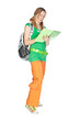 Student with backpack and notebook.