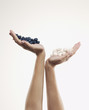Woman holding handful of blueberries over handful of sugar cubes