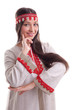 Young girl in dance pose and smile - flax cloth