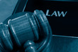 law book and judges gavel closeup from above