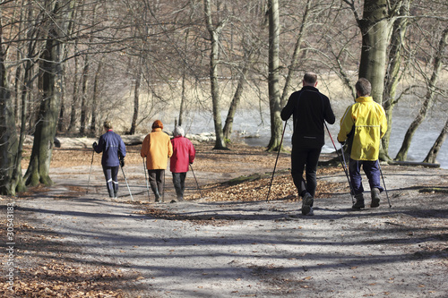 Photo: Gruppe beim Nordic Walking im Wald Gruppe beim Nordic Walking im Wald