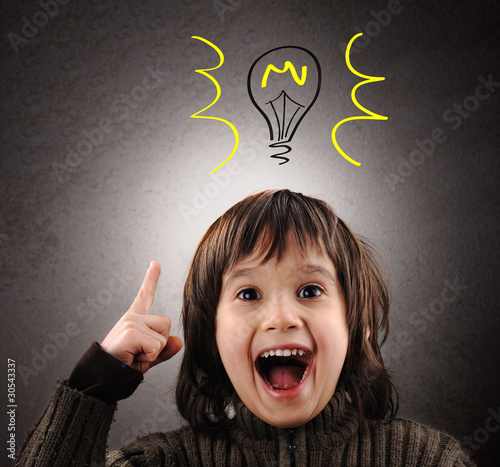 Photo: Exellent idea, kid with illustrated bulb above his head Exellent idea, kid with illustrated bulb above his head
