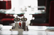 Salt and pepper shakers on restaurant table