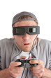 Surprised player with joystick and 3-D glasses Surprised player with joystick and 3-D glasses