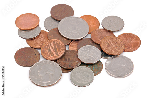 Photo: Pile of American coin, isolated on white background Pile of American coin, isolated on white background