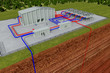 Geothermieanlage mit Schnitt durch die Erde und Tiefenbohrung Geothermieanlage mit Schnitt durch die Erde und Tiefenbohrung