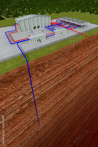 Illustration: Geothermieanlage mit Schnitt durch die Erde und Tiefenbohrung Geothermieanlage mit Schnitt durch die Erde und Tiefenbohrung