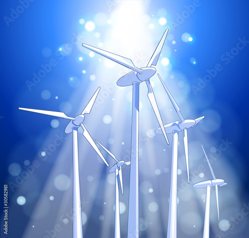 Vector: Ecology concept: wind-driven generators, rays of light, blue sky Ecology concept: wind-driven generators, rays of light, blue sky