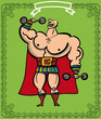 Strong bald man with a cap raises weight in the circus color