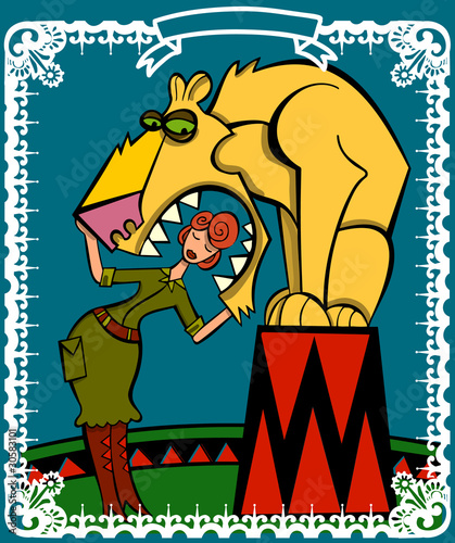 Vector: Woman tamer introduces his head in the mouth of a lion Woman tamer introduces his head in the mouth of a lion