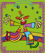 Clown with colouring clothes throws balls to the air