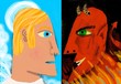 Illustration: angel and devil facing angel and devil facing