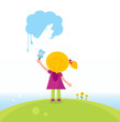 Little artist kid painting on the sky in spring nature. Vector