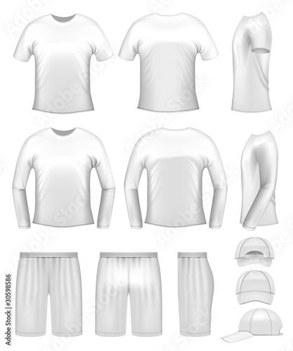 Vector: White men's clothing templates - t-shirts, caps and shorts White men's clothing templates - t-shirts, caps and shorts