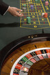 "Croupier, gambling chips and roulette wheel"