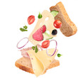 Delicious sandwich with ingredients in the air
