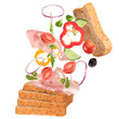 Delicious sandwich with ingredients in the air