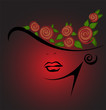 feminine silhouette in a hat with red roses on a black