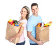 shopping couple with a bag of food shopping couple with a bag of food