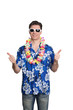 Photo: Man standing on white background with hawaiian shirt Man standing on white background with hawaiian shirt