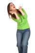 frightened young woman in green blouse, series.