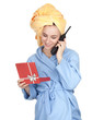 calling woman in  towel on head with gift box, series