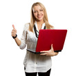 female with laptop shows well done