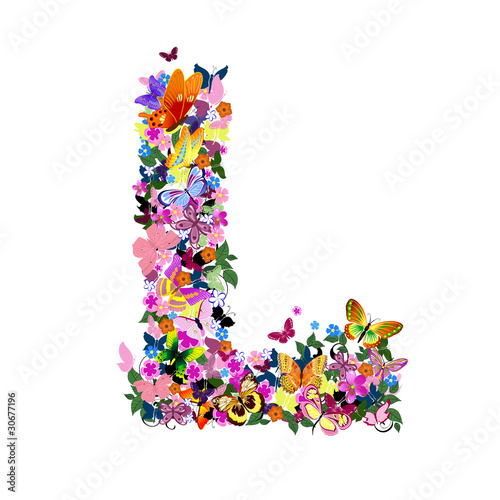 Vector: Pattern letter of butterflies and flowers Pattern letter of butterflies and flowers