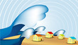 Tsunami illustration with waves coming to shore from ocean