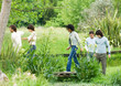 Group of young adult friends walking in park