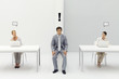 Foto: Man sitting in office with exclamation mark over his head, women on either side with blank word bubbles Man sitting in office with exclamation mark over his head, women on either side with blank word bubbles