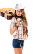Sesy cowgirl in cowboy hat with acoustic guitar